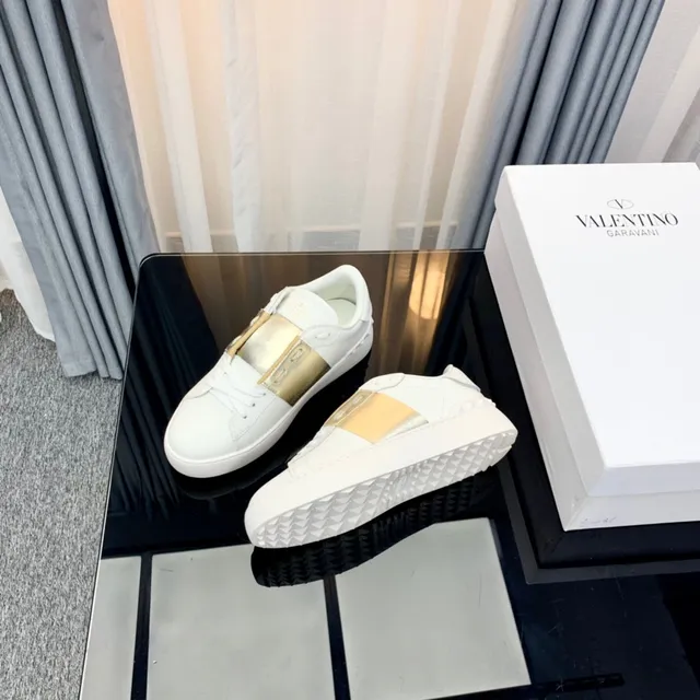 Valentino Rockstud White and Gold Metallic Strap Lifestyle Sneakers 2