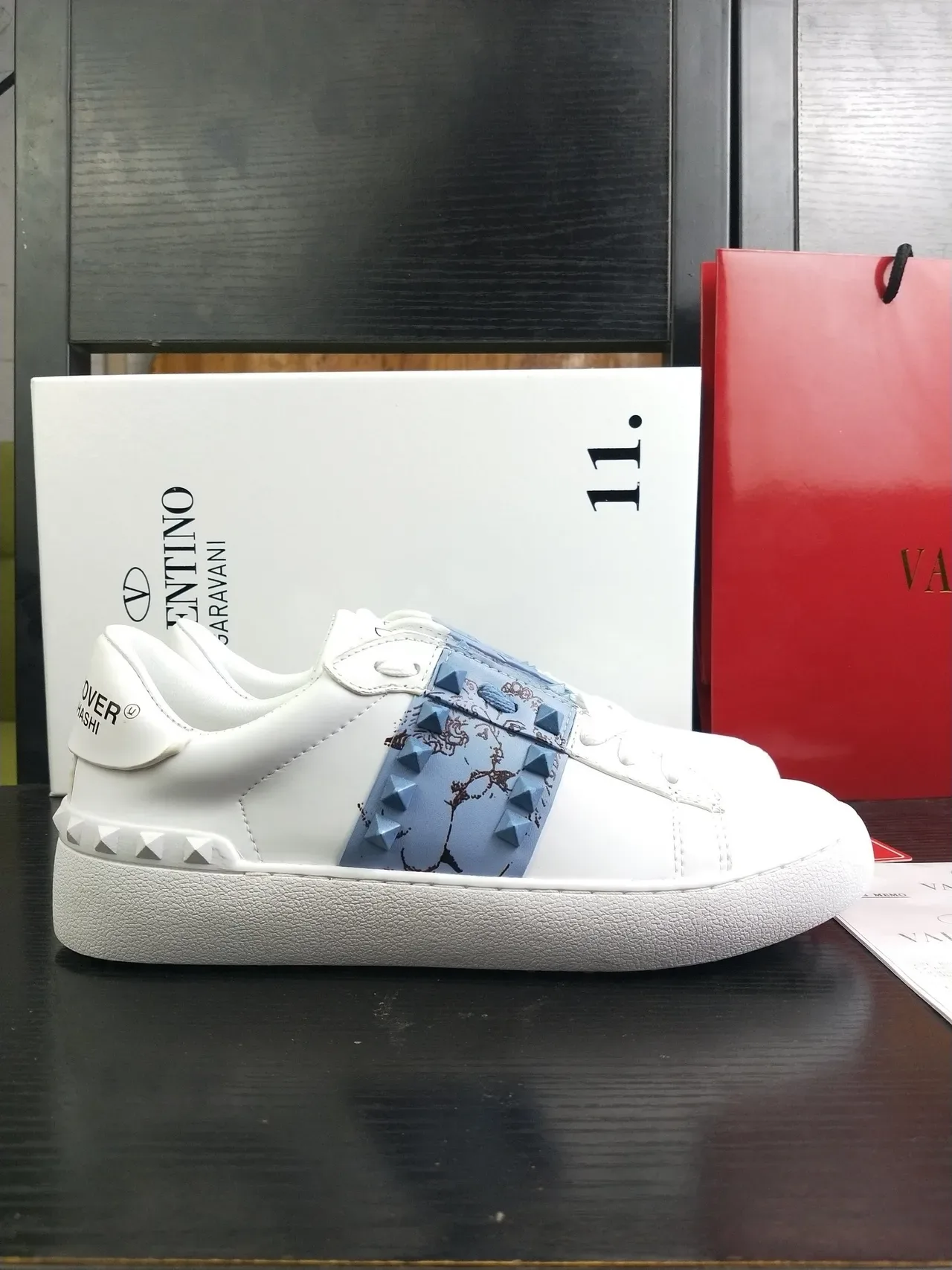 Valentino Rockstud White and Light Blue Studded Strap Lifestyle Sneakers 2