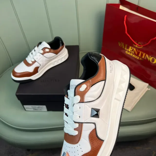 Valentino Rockstud White Brown Layered Leather And Perforated Mesh Sculpted Sole Chunky Sneakers 3