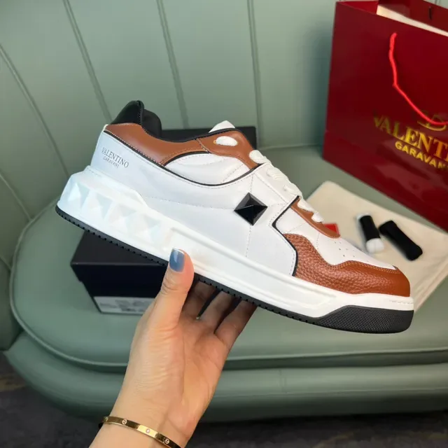 Valentino Rockstud White Brown Layered Leather And Perforated Mesh Sculpted Sole Chunky Sneakers 4
