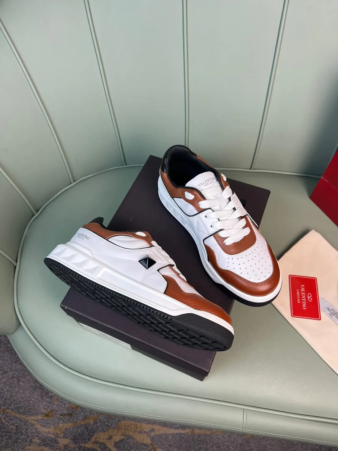 Valentino Rockstud White Brown Layered Leather And Perforated Mesh Sculpted Sole Chunky Sneakers 5