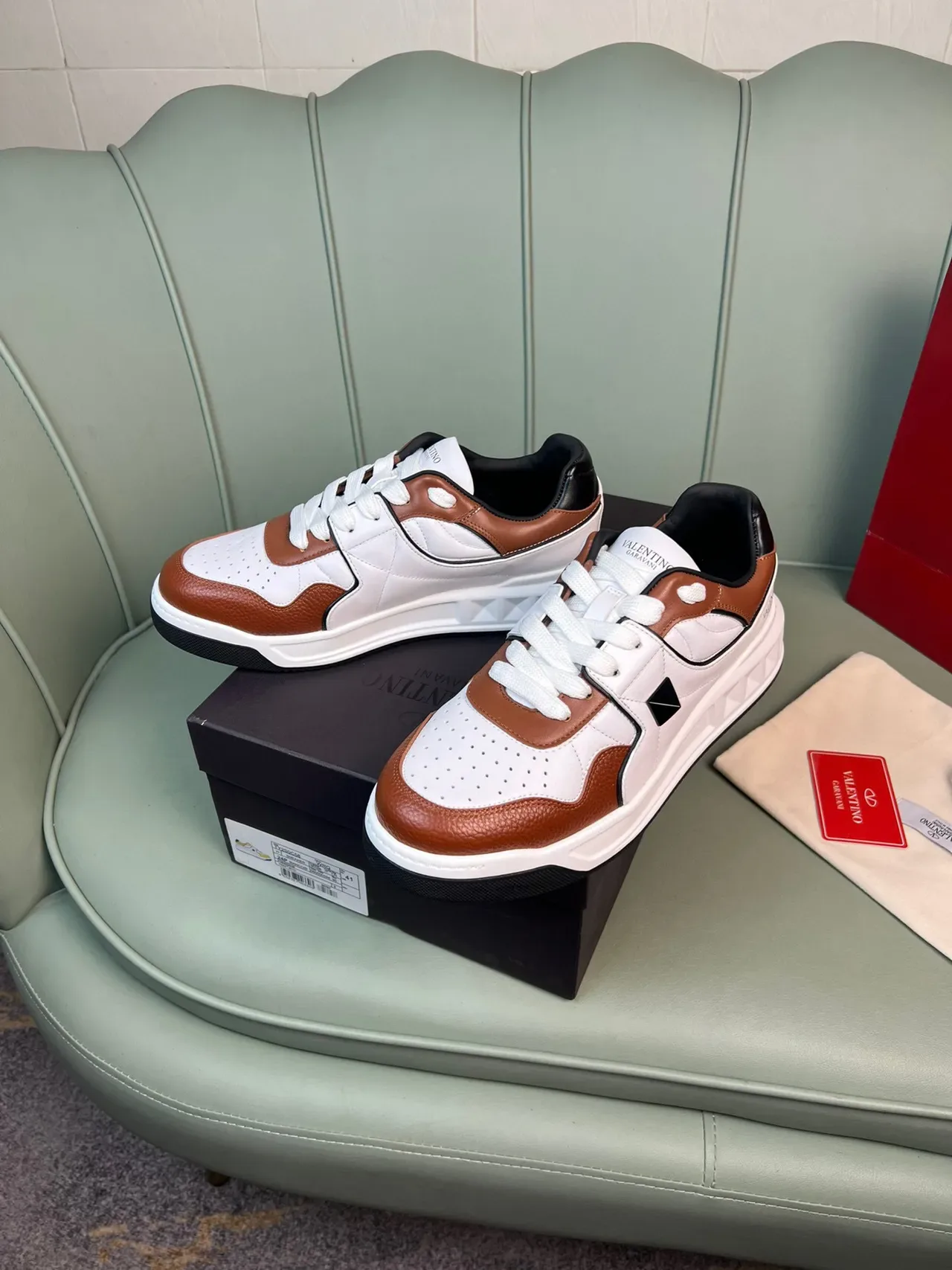 Valentino Rockstud White Brown Layered Leather And Perforated Mesh Sculpted Sole Chunky Sneakers 6
