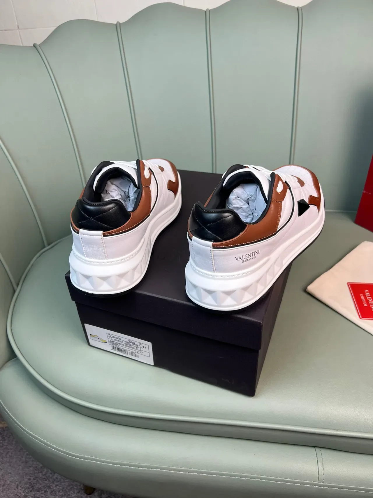 Valentino Rockstud White Brown Layered Leather And Perforated Mesh Sculpted Sole Chunky Sneakers 7