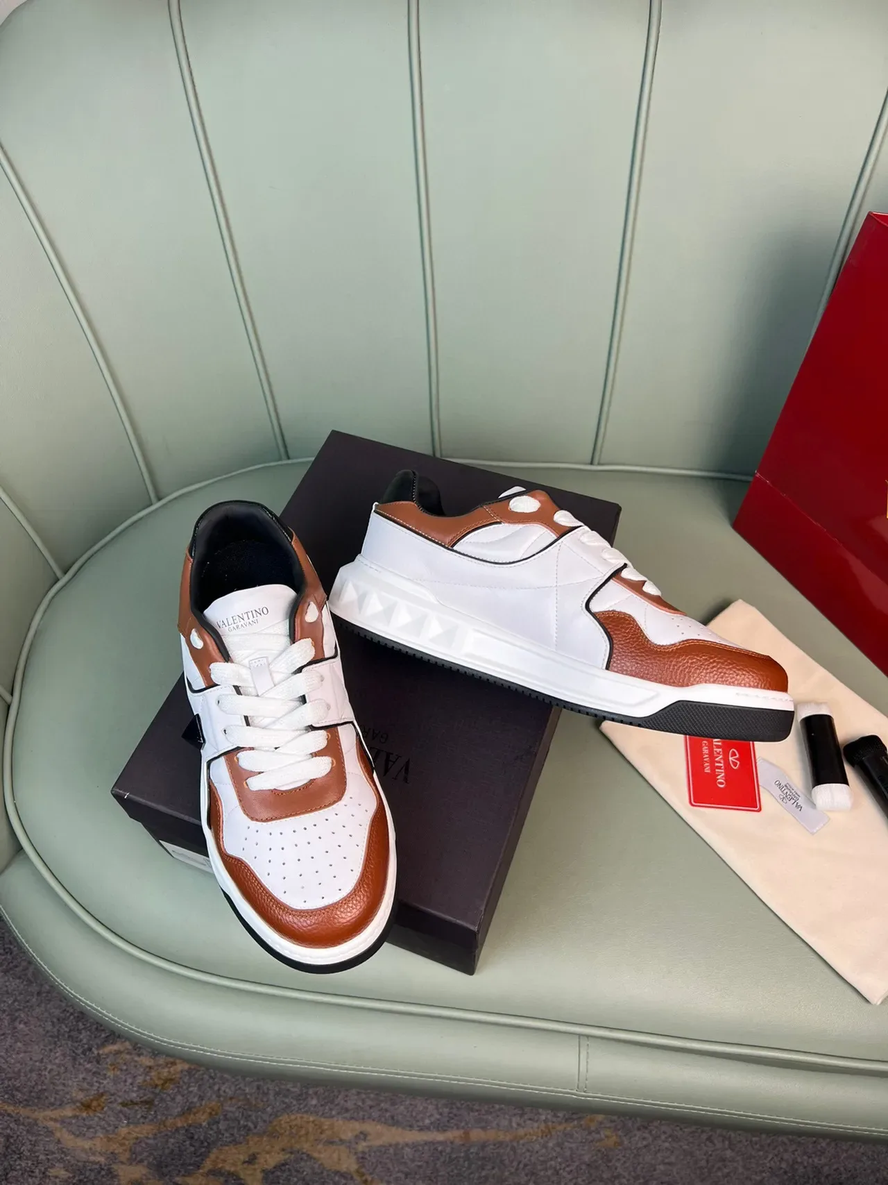 Valentino Rockstud White Brown Layered Leather And Perforated Mesh Sculpted Sole Chunky Sneakers 8
