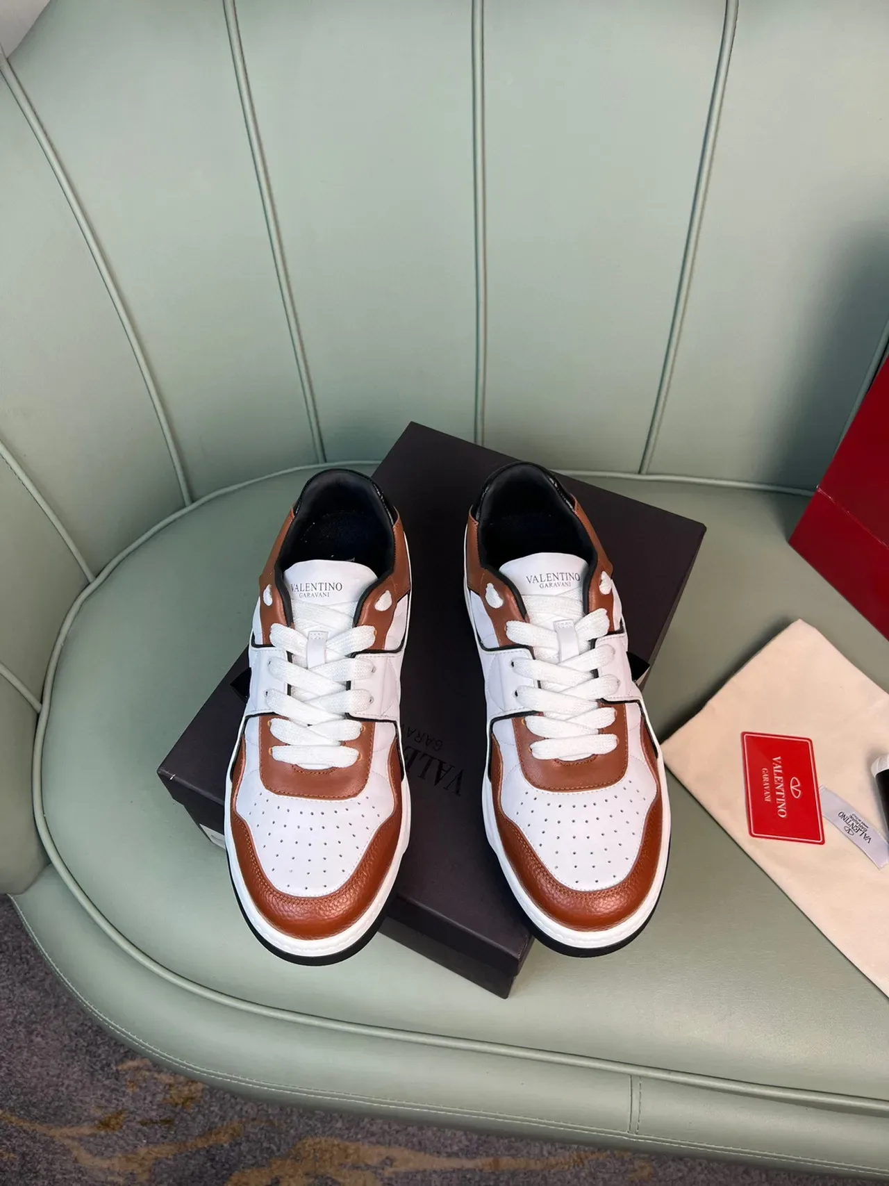 Valentino Rockstud White Brown Layered Leather And Perforated Mesh Sculpted Sole Chunky Sneakers 9