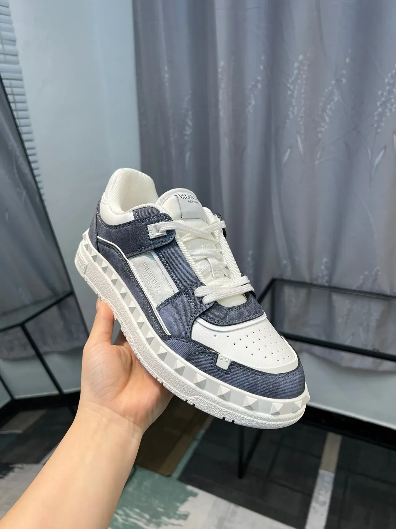 Valentino Rockstud White Navy Studded Sole Mixed-Material Upper Lifestyle Sneakers 6