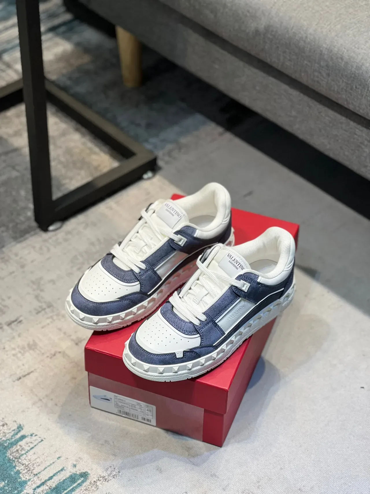 Valentino Rockstud White Navy Studded Sole Mixed-Material Upper Lifestyle Sneakers 8