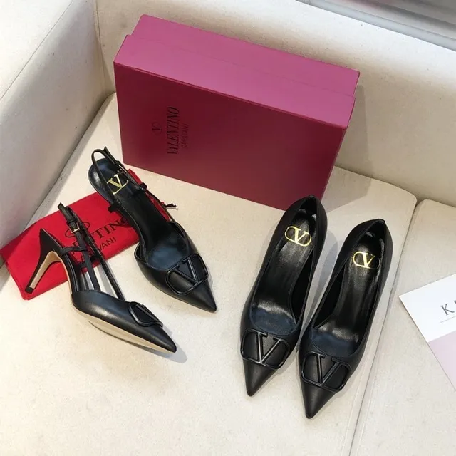 Valentino VLogo Black Gold Pointed Toe Slingback Strap Stiletto 2
