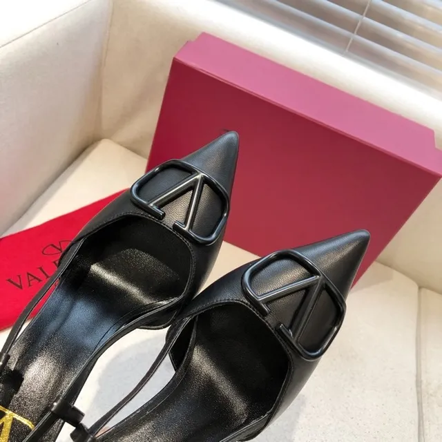 Valentino VLogo Black Gold Pointed Toe Slingback Strap Stiletto 3