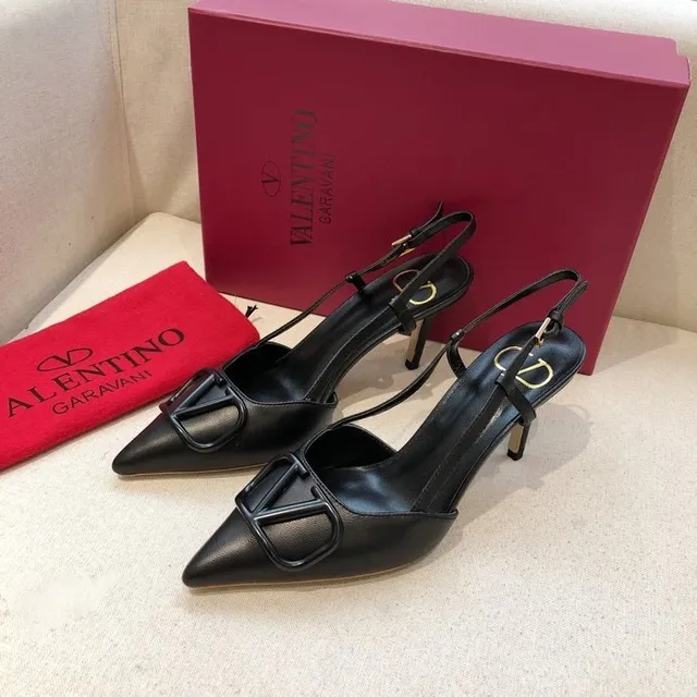 Valentino VLogo Black Gold Pointed Toe Slingback Strap Stiletto 4