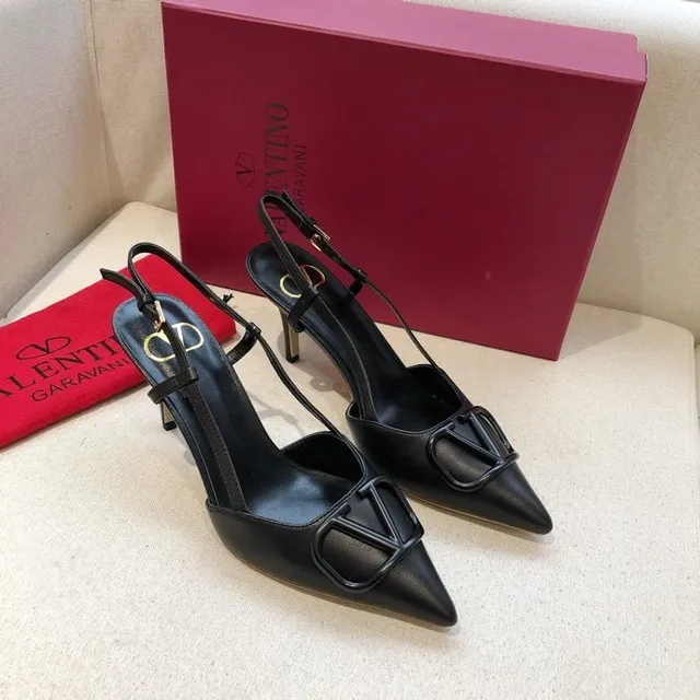 Valentino VLogo Black Gold Pointed Toe Slingback Strap Stiletto 6