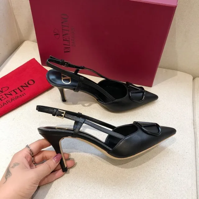 Valentino VLogo Black Gold Pointed Toe Slingback Strap Stiletto 9