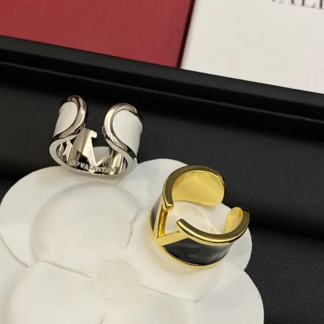 Valentino VLogo Black White Open-Band Enamel-Inlay Ring 2