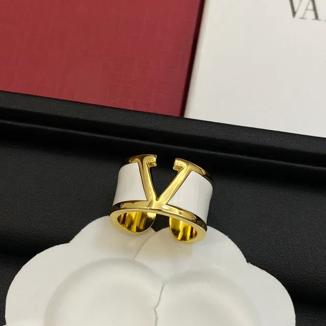 Valentino VLogo Black White Open-Band Enamel-Inlay Ring 6