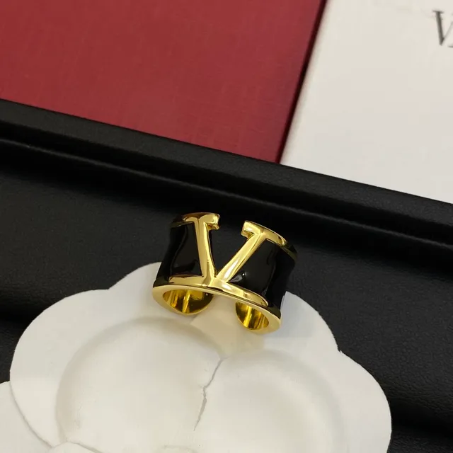 Valentino VLogo Black White Open-Band Enamel-Inlay Ring 7