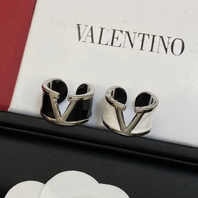 Valentino VLogo Black White Open-Band Enamel-Inlay Ring 8