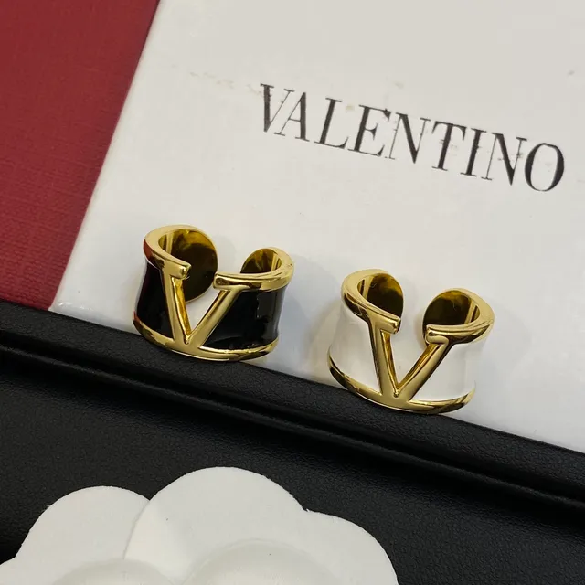 Valentino VLogo Black White Open-Band Enamel-Inlay Ring 9