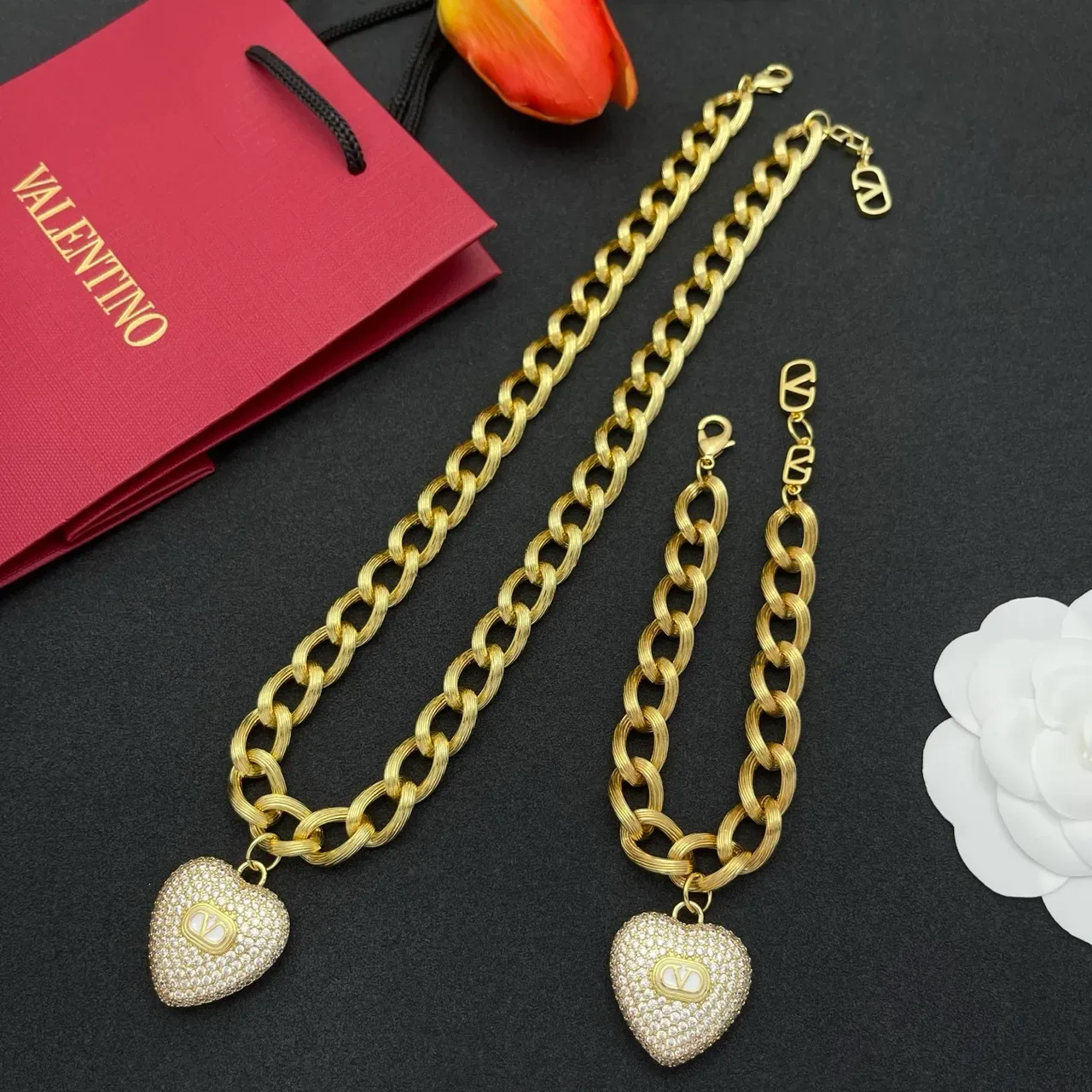 Valentino VLogo Heart Pavé Pendant Chunky Chain Necklace 2