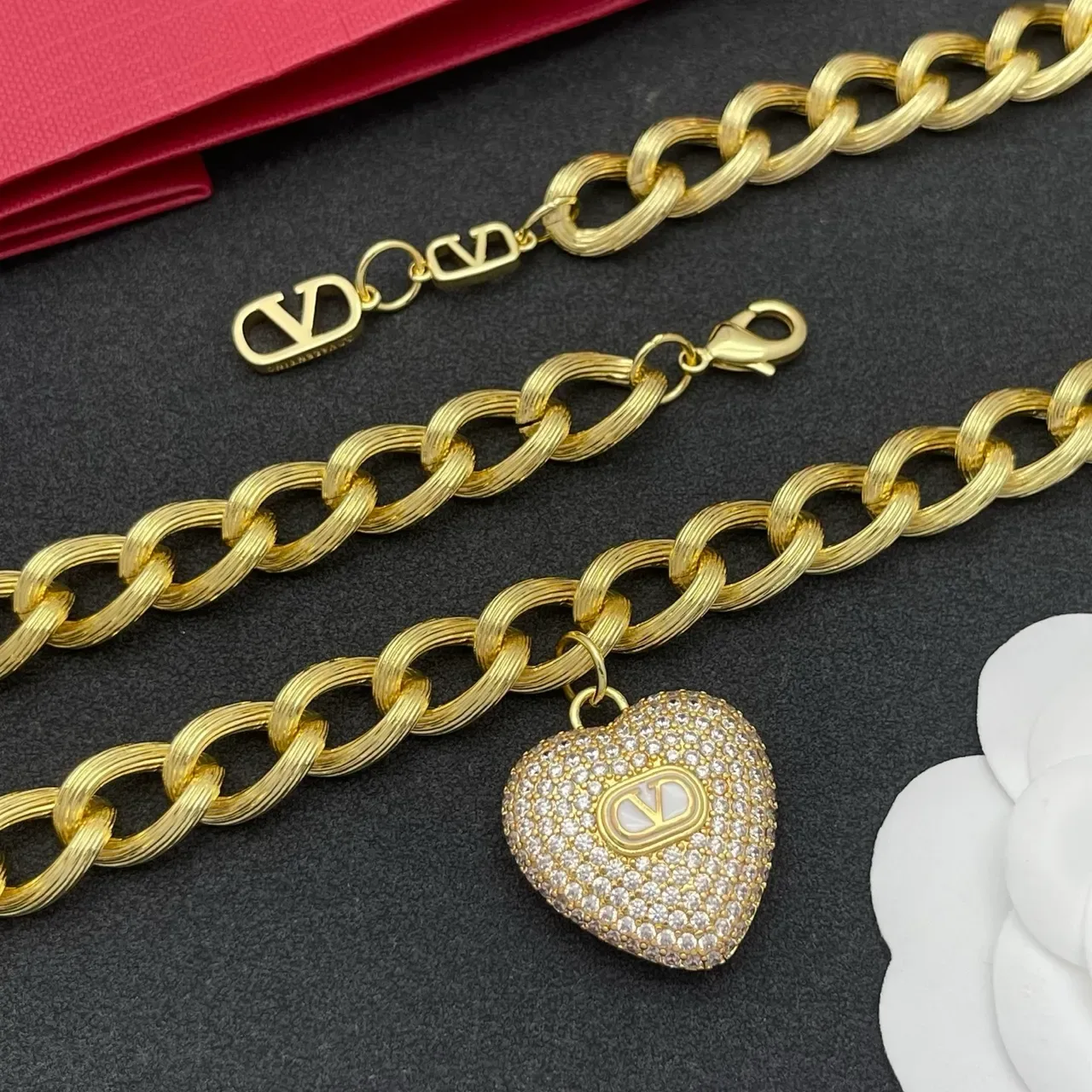 Valentino VLogo Heart Pavé Pendant Chunky Chain Necklace 4