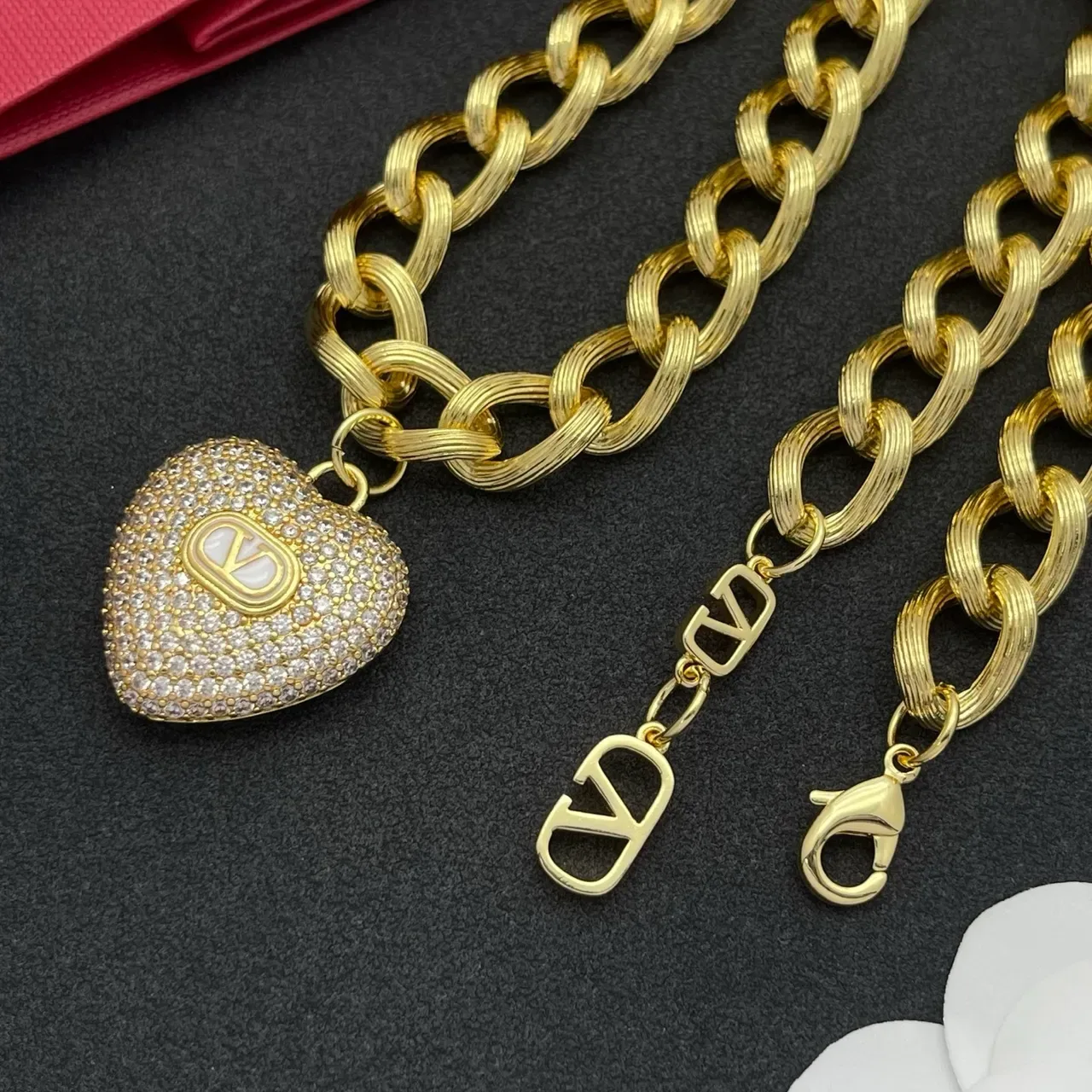 Valentino VLogo Heart Pavé Pendant Chunky Chain Necklace 5