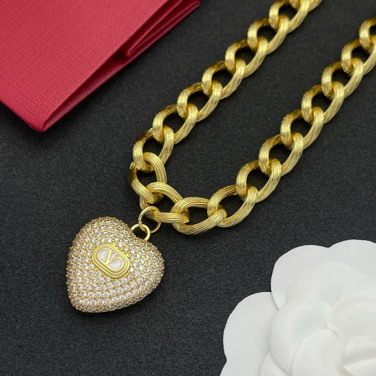 Valentino VLogo Heart Pavé Pendant Chunky Chain Necklace 6