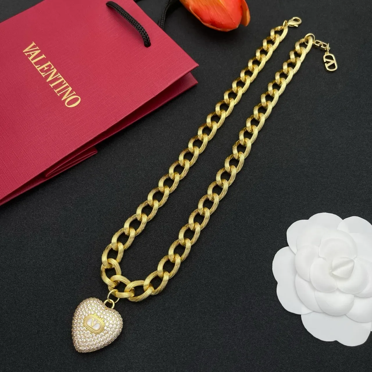 Valentino VLogo Heart Pavé Pendant Chunky Chain Necklace 7