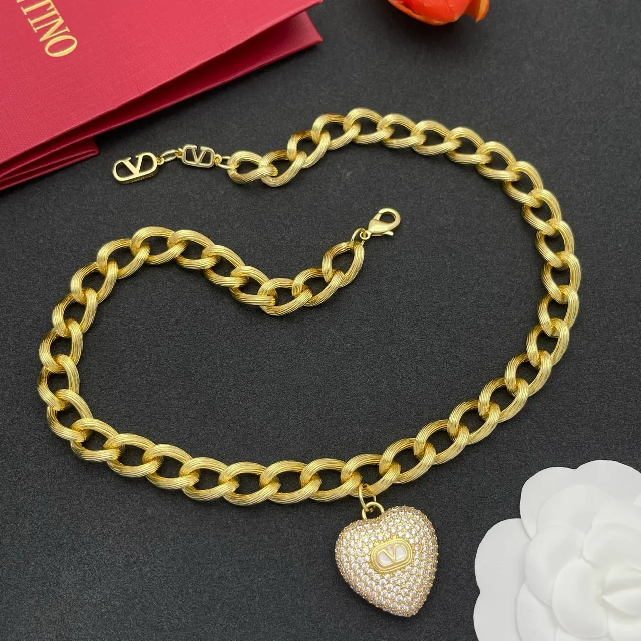 Valentino VLogo Heart Pavé Pendant Chunky Chain Necklace 8