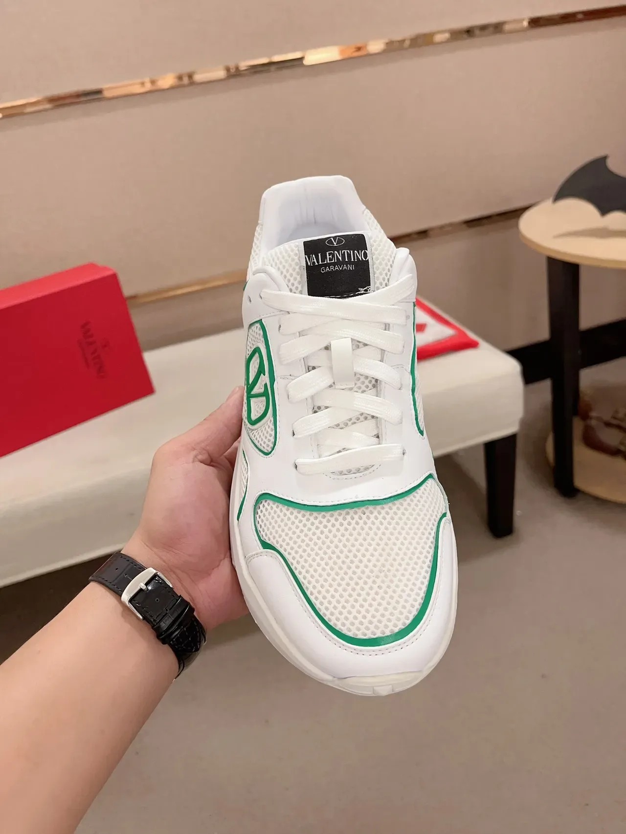 Valentino VLTN Blanc et Vert Cuir et Maille Supérieure Emblème VLogo Sneakers Lifestyle 5