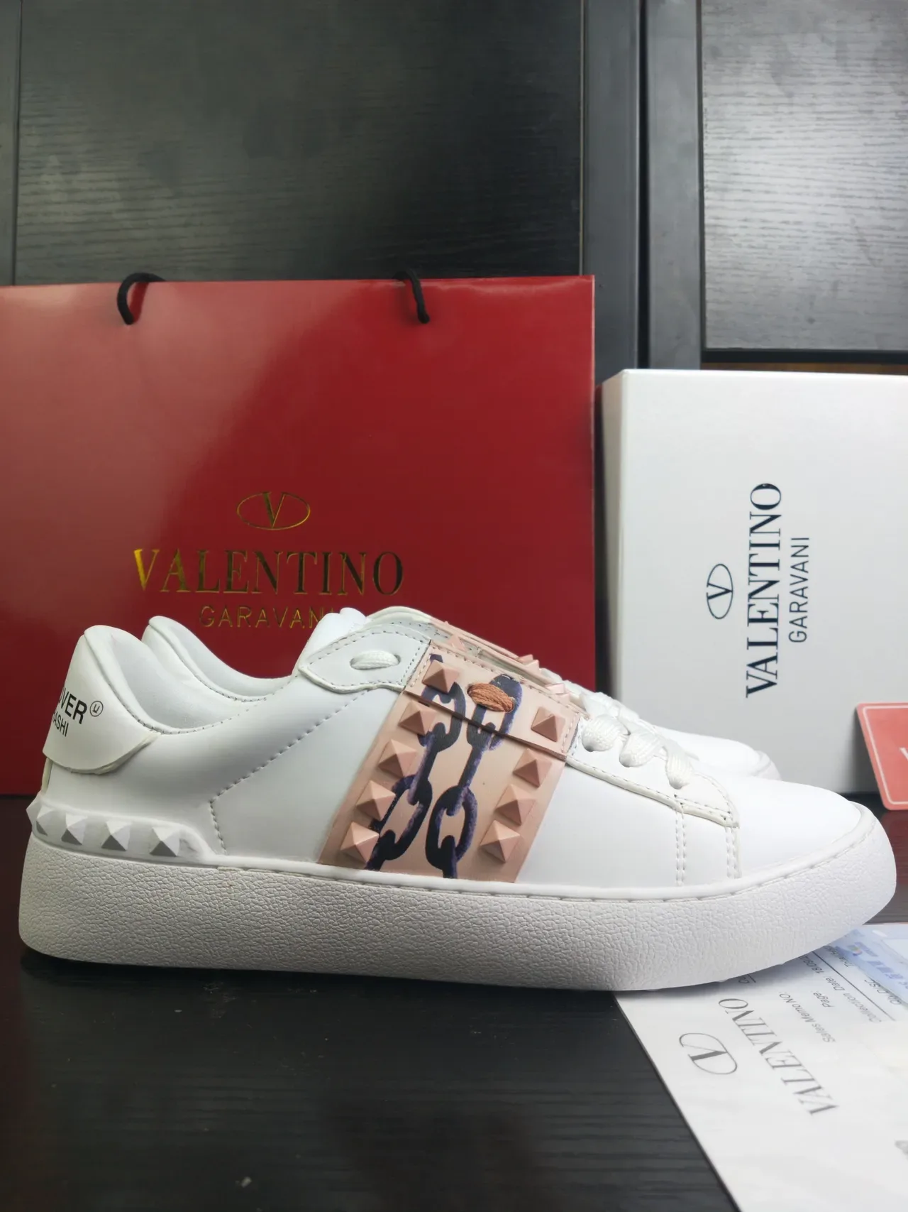 Valentino White Pink Leather Rockstud-Embellished Strap Lifestyle Sneakers 3