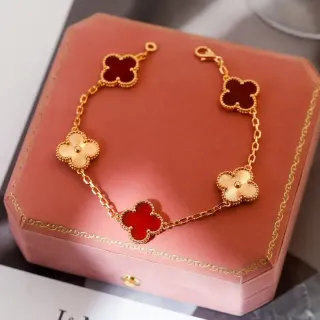 Van Cleef & Arpels Alhambra Five Motif Gold and Red Enamel Bracelet