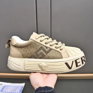 Versace Beige Brown Platform Sole Rhinestone-Embellished Mesh Lifestyle Sneakers