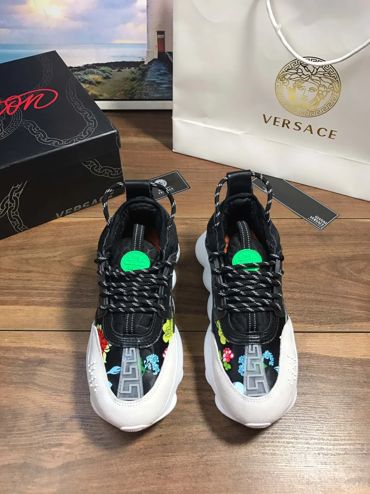 Versace Chain Reaction 黑色 白色 米色 多色 厚底运动鞋 8