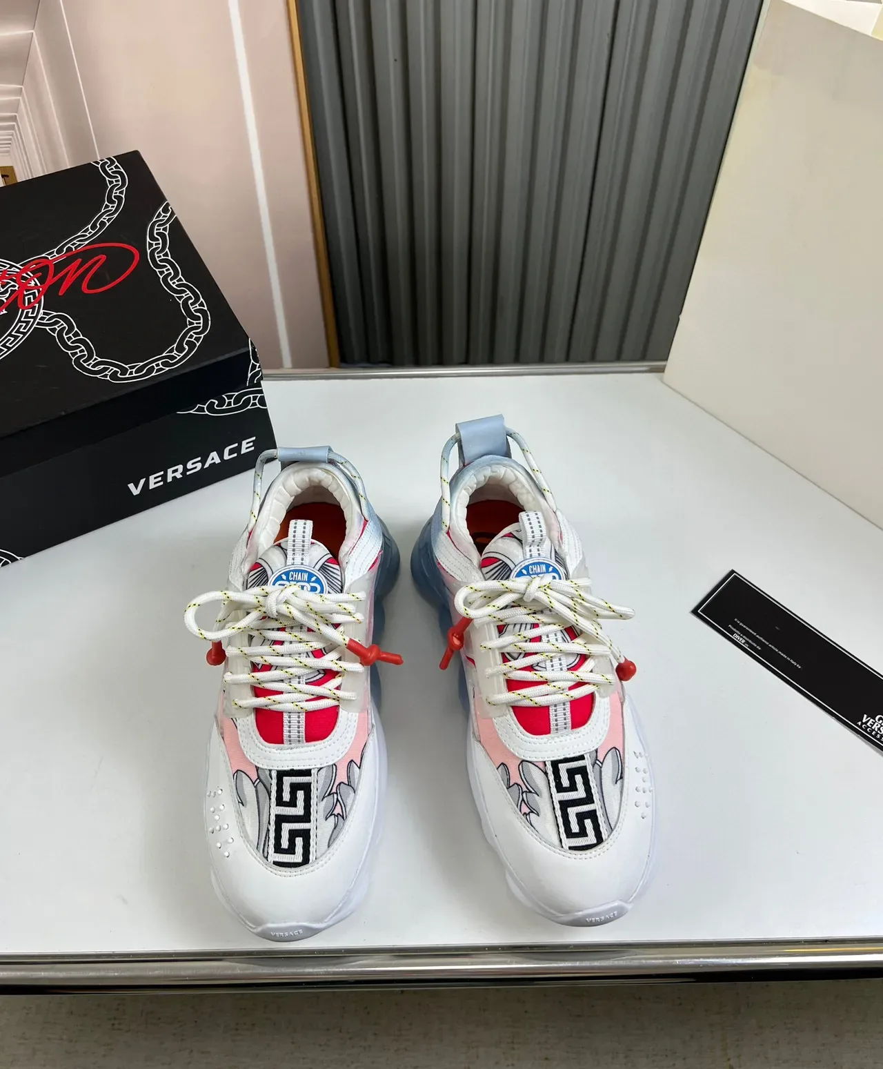 Versace Chain Reaction White Silver Red Chunky Sneakers 2