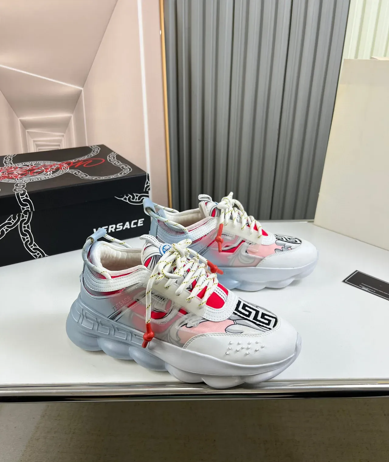 Versace Chain Reaction White Silver Red Chunky Sneakers 9