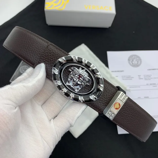 Versace Iconic কালো বাদামি পেবল্ড ক্রিস্টাল-এম্বেলিশড ওভাল বাকল চামড়ার বেল্ট 4
