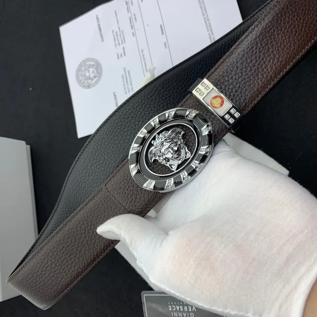 Versace Iconic কালো বাদামি পেবল্ড ক্রিস্টাল-এম্বেলিশড ওভাল বাকল চামড়ার বেল্ট 5