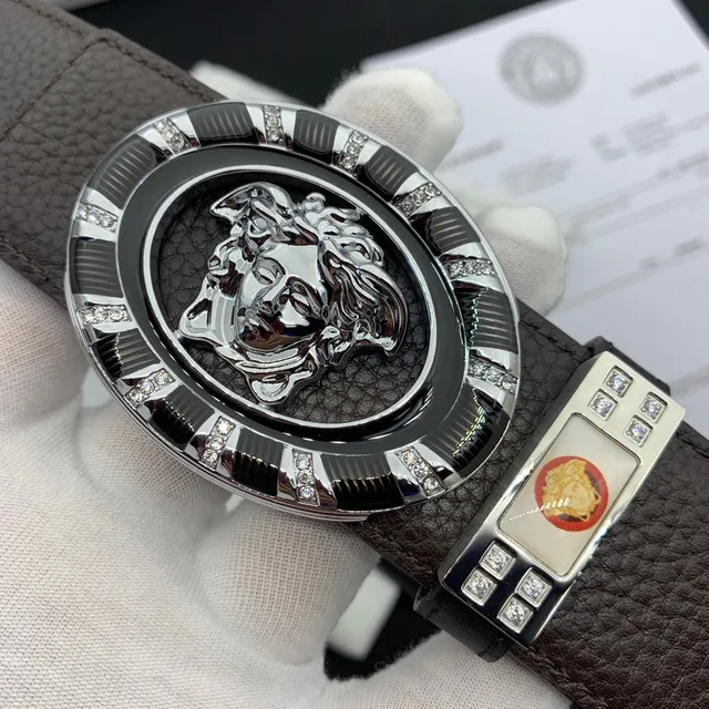 Versace Iconic কালো বাদামি পেবল্ড ক্রিস্টাল-এম্বেলিশড ওভাল বাকল চামড়ার বেল্ট 6