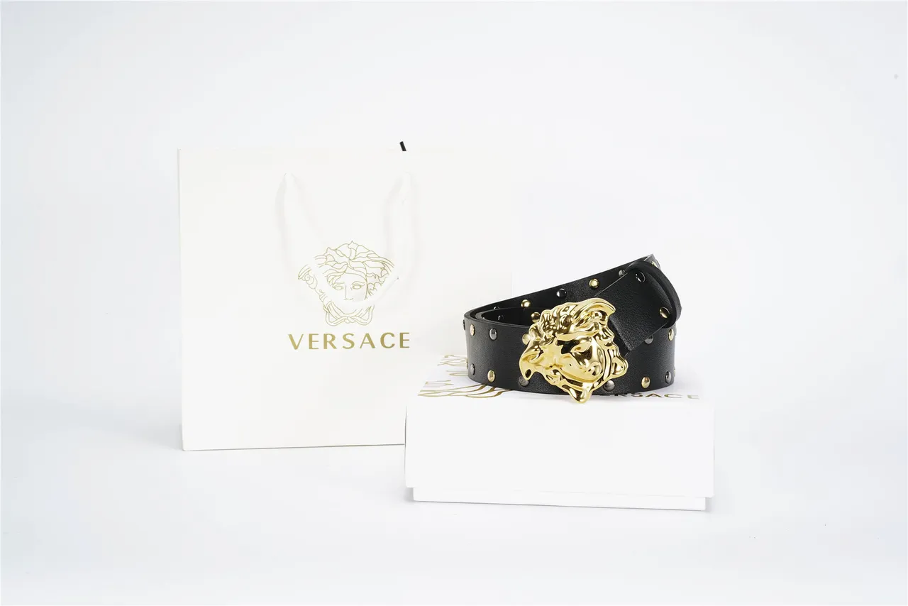 Versace Medusa Belt Black Gold Head Buckle Studded Strap Leather Belt 4