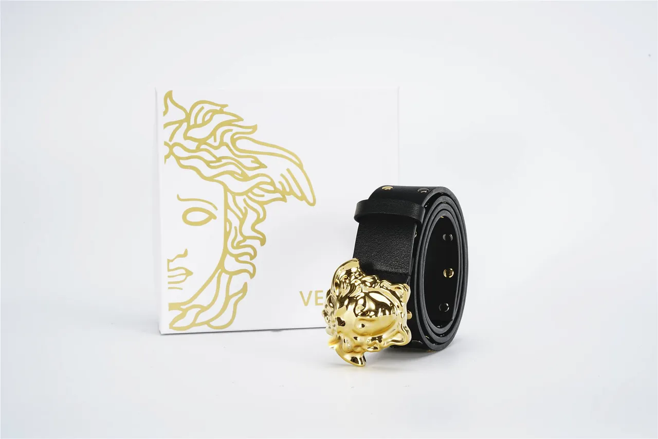 Versace Medusa Belt Black Gold Head Buckle Studded Strap Leather Belt 5