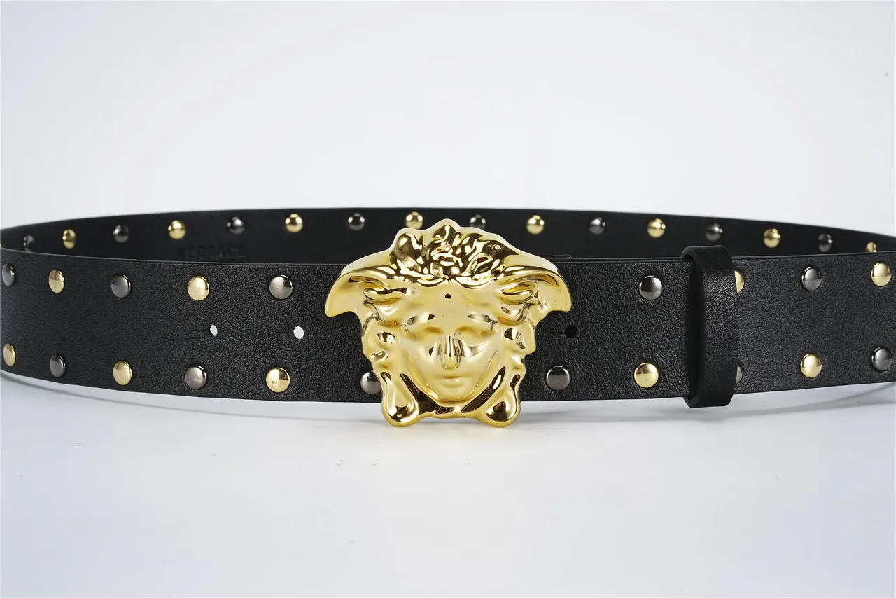 Versace Medusa Belt Black Gold Head Buckle Studded Strap Leather Belt 8