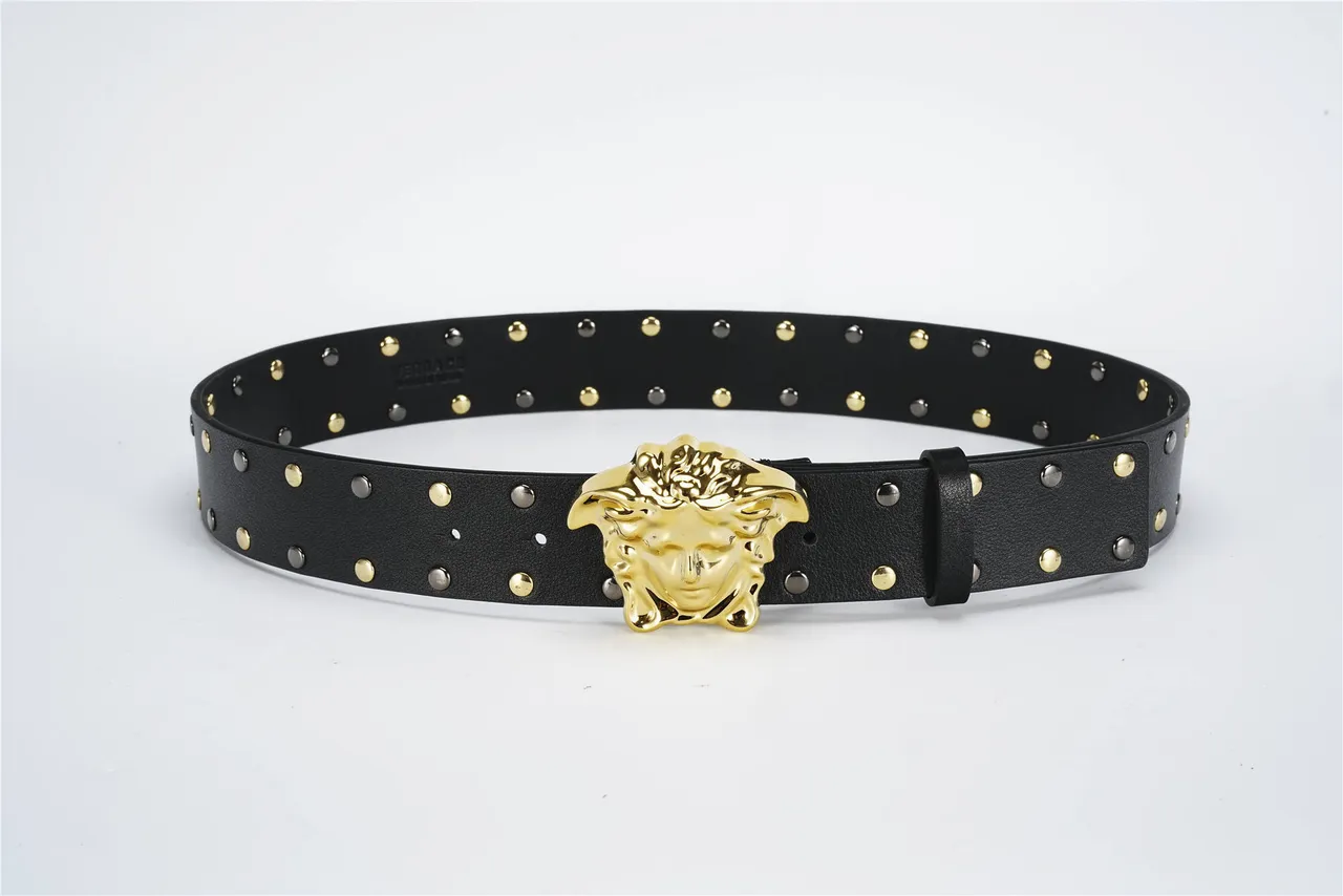Versace Medusa Belt Black Gold Head Buckle Studded Strap Leather Belt 9