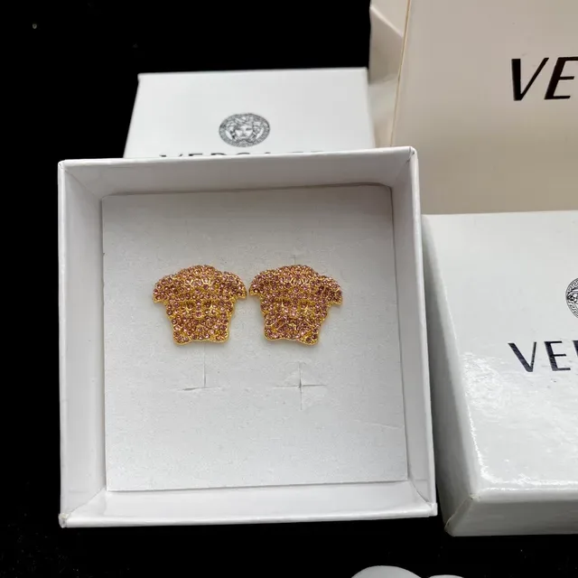 Versace Medusa 金色粉色头轮廓 Pave 水晶镶嵌耳环 5