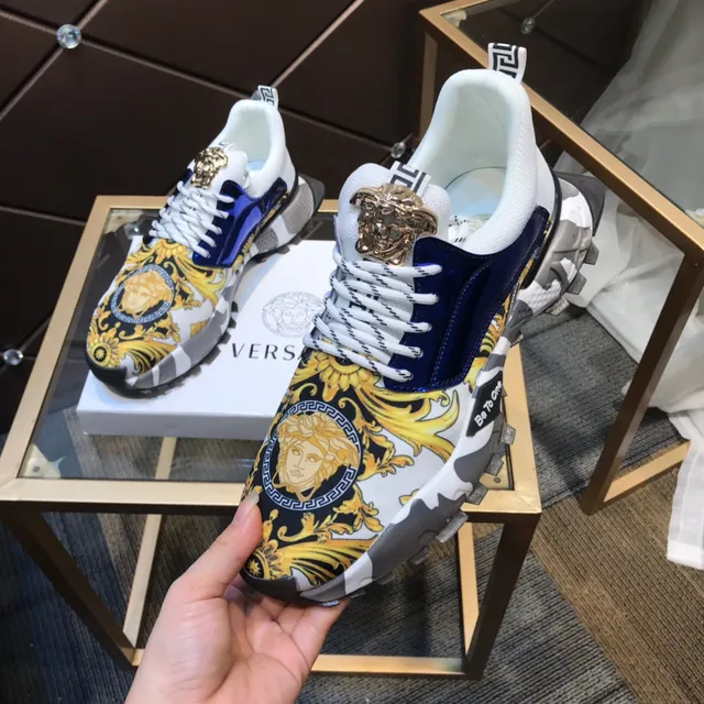 Versace Blanc Bleu Impression baroque Haut Cuir Patent Panneau Marine Lifestyle Sneakers 2