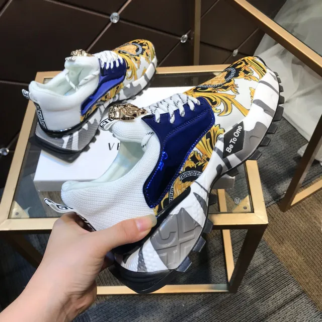 Versace Blanc Bleu Impression baroque Haut Cuir Patent Panneau Marine Lifestyle Sneakers 4