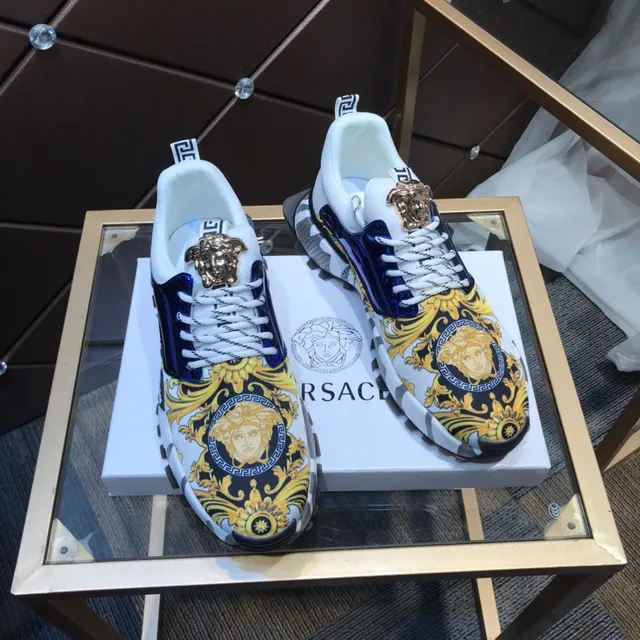 Versace Blanc Bleu Impression baroque Haut Cuir Patent Panneau Marine Lifestyle Sneakers 6