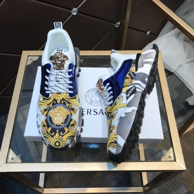 Versace Blanc Bleu Impression baroque Haut Cuir Patent Panneau Marine Lifestyle Sneakers 7
