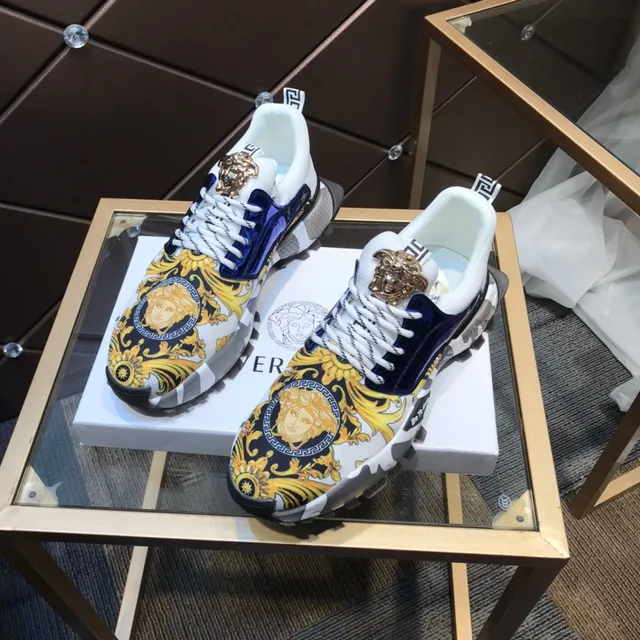 Versace Blanc Bleu Impression baroque Haut Cuir Patent Panneau Marine Lifestyle Sneakers 8