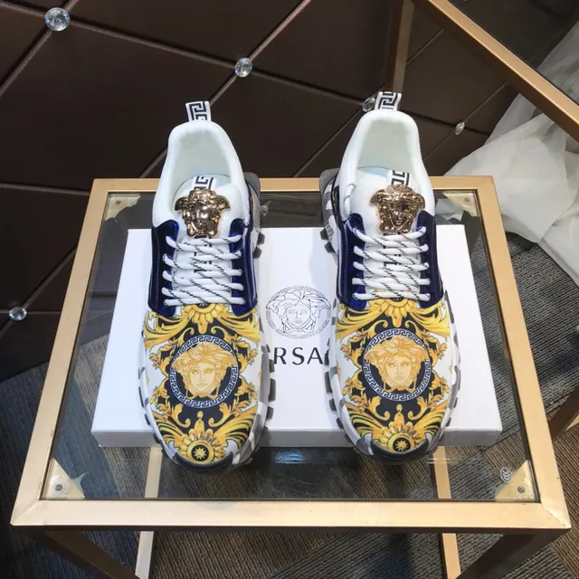 Versace Blanc Bleu Impression baroque Haut Cuir Patent Panneau Marine Lifestyle Sneakers 9