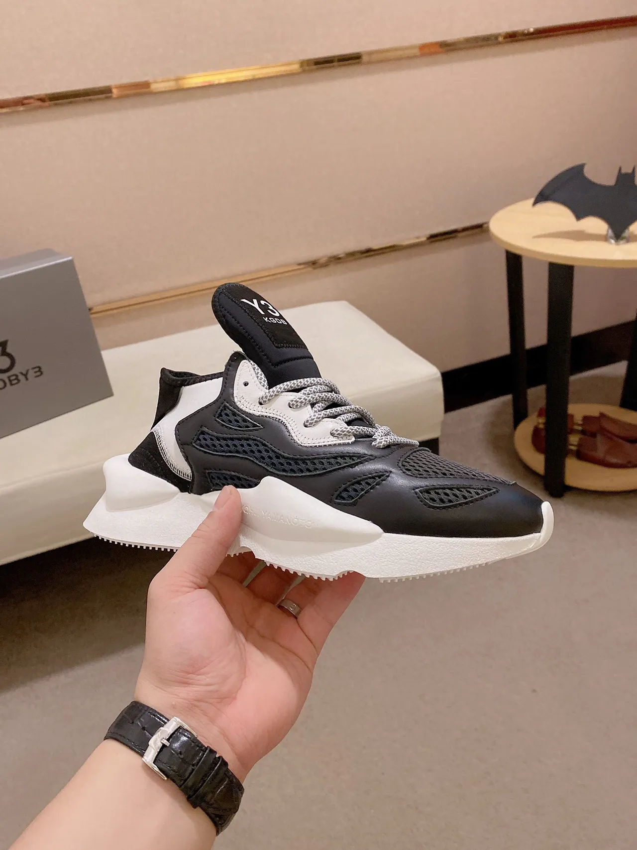 Y-3 Preto Branco Mediasola Esculpida Upper Híbrido Malha-Couro Sneakers Chunky 8