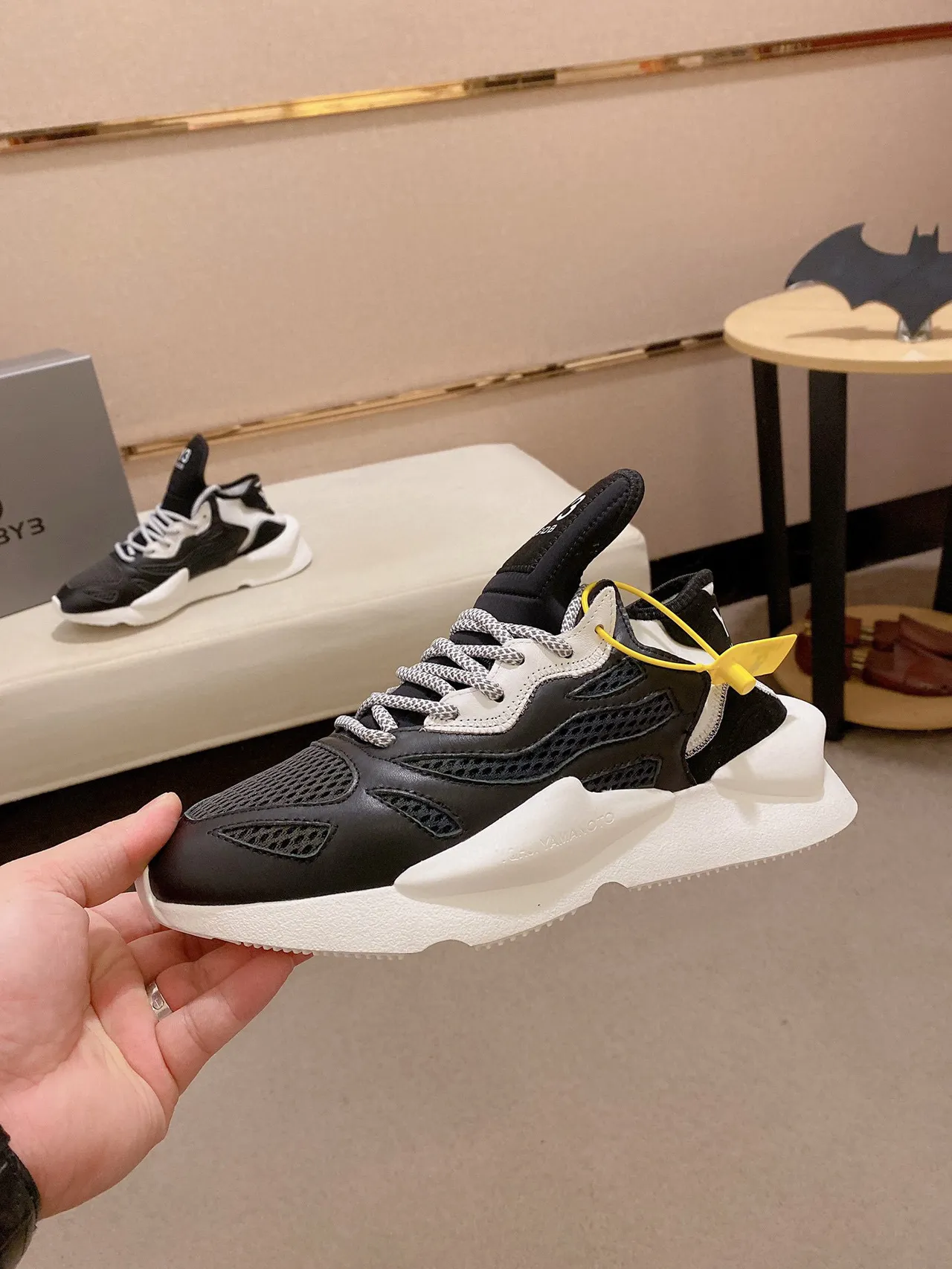 Y-3 Preto Branco Mediasola Esculpida Upper Híbrido Malha-Couro Sneakers Chunky 9